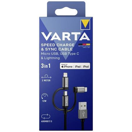 USB kábel, 3v1, USB A–Light/Micro/C, 2m, VARTA 2