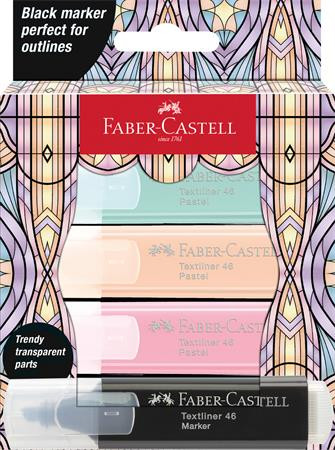 Zvýrazňovač, sada, FABER-CASTELL "Glassy", 3 rôzne pastelové farby + čierna 1