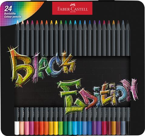 Farebné ceruzky, sada, trojhranné, v plechovej krabičke, FABER-CASTELL "Black Edition", 24