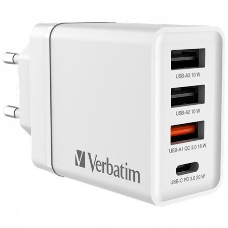 Sieťová nabíjačka, 1xUSB-C PD (20W), USB-A QC 3.0, 2xUSB-A (10W), VERBATIM, biela 1