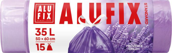 Vrecia na odpadky, zaťahovacie, parfumované, 35 l, 15 ks, 50x60 cm, 15 µ, ALUFIX, levanduľ