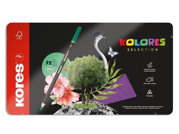 Farebné ceruzky, sada, trojhranné, kovová krabica, KORES "Kolores Selection", 72 rôznych f
