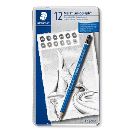 Grafitová ceruzka, sada, plechová krabička, šesťhranná, STAEDTLER "Mars Lumograph", 12 rôz