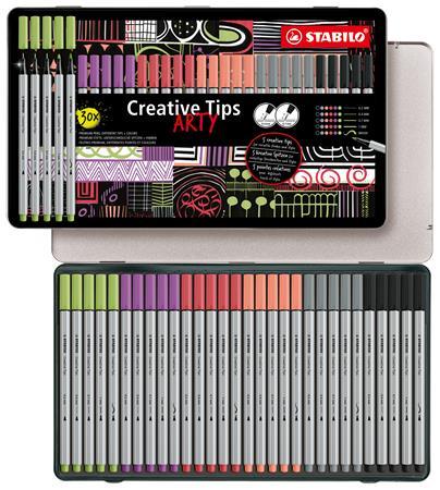 Liner, sada, v kovovej krabičke, STABILO "Creative Tips ARTY", 6 rôznych pastelových farie 2