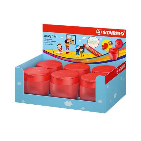 Strúhadlo, displej, jednodierové, so zásobníkom, STABILO "Woody 3 in 1", červená 1