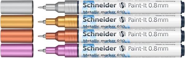 Akrylový popisovač, sada, 0,8 mm, SCHNEIDER "Paint-It 010", 4 rôzne kovové farby