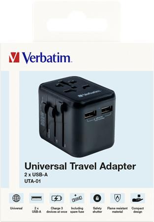 Cestovný adaptér, univerzálny, 2xUSB, VERBATIM "UTA-01" 4