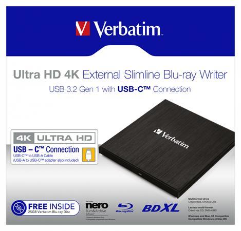 Blu-ray napaľovačka, (externá), 4K Ultra HD, USB 3.1 GEN 1 USB-C, VERBATIM "Slimline"